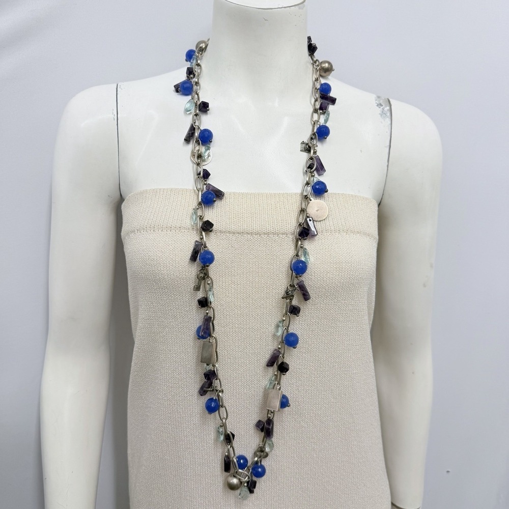Vintage Daniel Espinosa Sterling Agate Aquamarine Amethyst Charm Necklace 42 12"